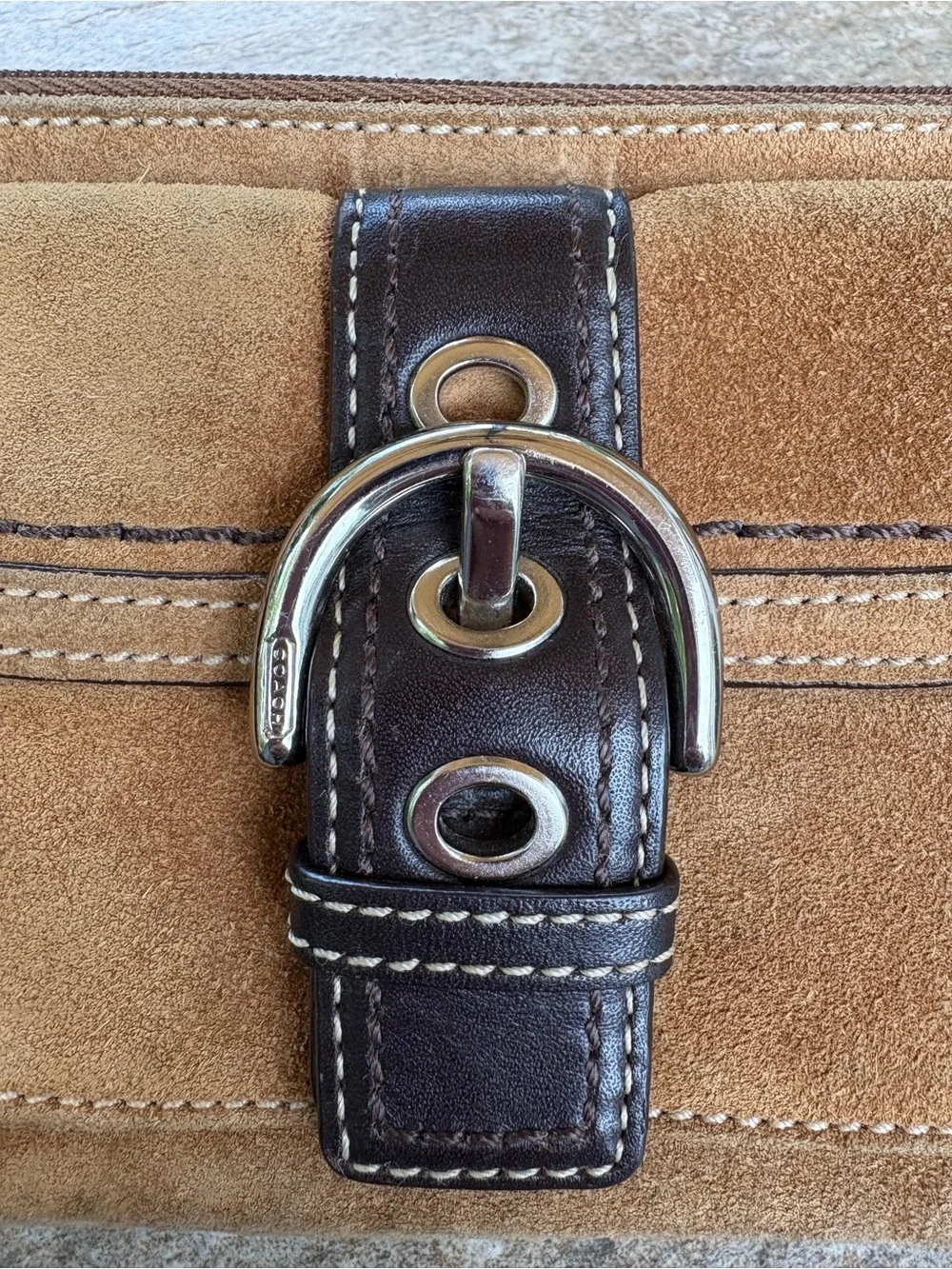 Coach Tan Suede Wristlet with Dark Brown Leather Trim